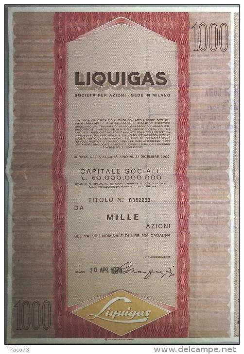 LIQUIGAS - SOCIETA´ PER AZIONI  /   TITOLO  AZIONARIO DA 1000  AZIONI  _  1974 - Electricité & Gaz