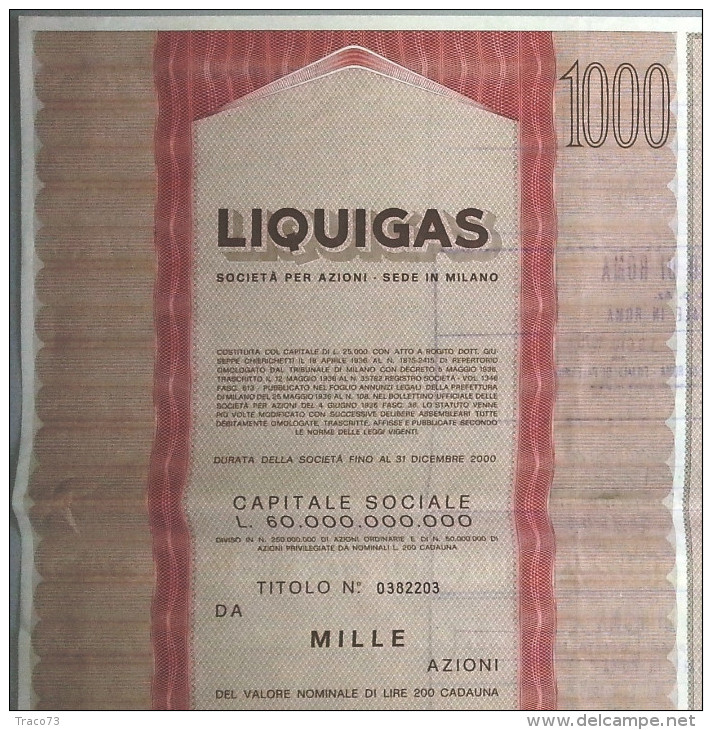 LIQUIGAS - SOCIETA´ PER AZIONI  /   TITOLO  AZIONARIO DA 1000  AZIONI  _  1974 - Electricité & Gaz