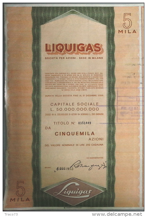 LIQUIGAS - SOCIETA´ PER AZIONI  /   TITOLO  AZIONARIO DA 5000  AZIONI  _  1974 - Electricidad & Gas