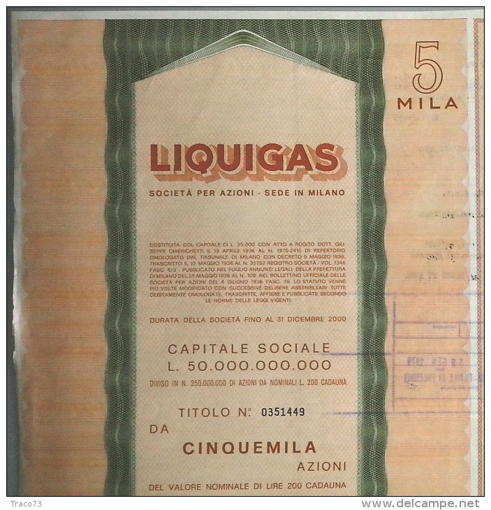 LIQUIGAS - SOCIETA´ PER AZIONI  /   TITOLO  AZIONARIO DA 5000  AZIONI  _  1974 - Electricidad & Gas