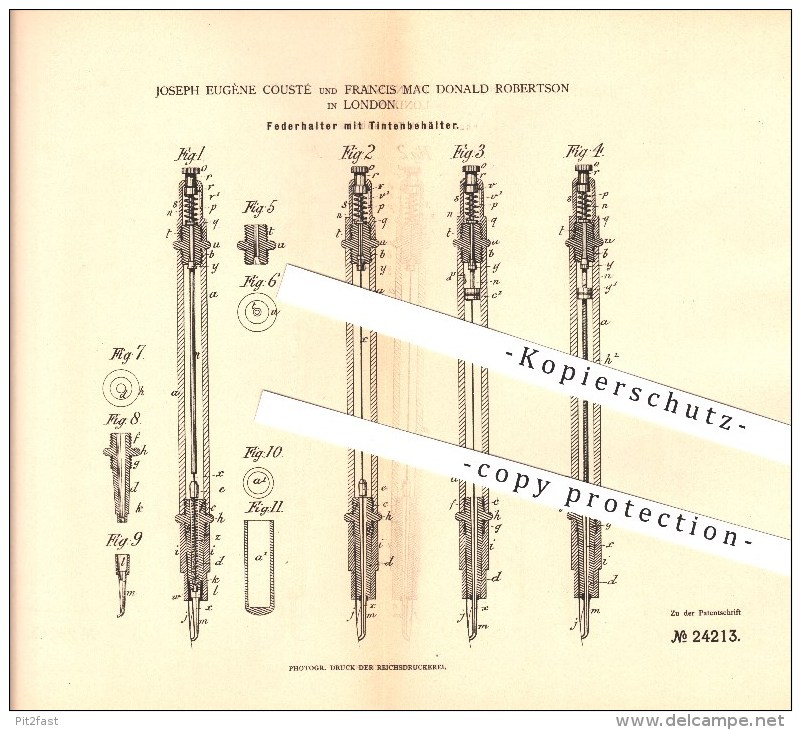 Original Patent - Joseph E. Cousté & Francis Mac Donald Robertson In London , 1883 , Federhalter Mit Tintenbehälter !!! - Schreibgerät