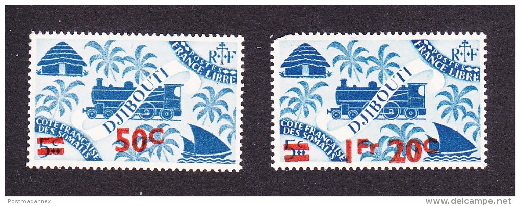 Somali Coast, Scott #240, 243, Mint Hinged, Locomotive And Palms Surcharged, Issued 1945 - Unused Stamps