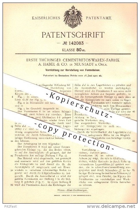Original Patent - A. Habel & Co. In Neustadt A. Orla , 1901 , Vorrichtung Zur Herstellung Von Formsteinen , Beton !!! - Neustadt / Orla