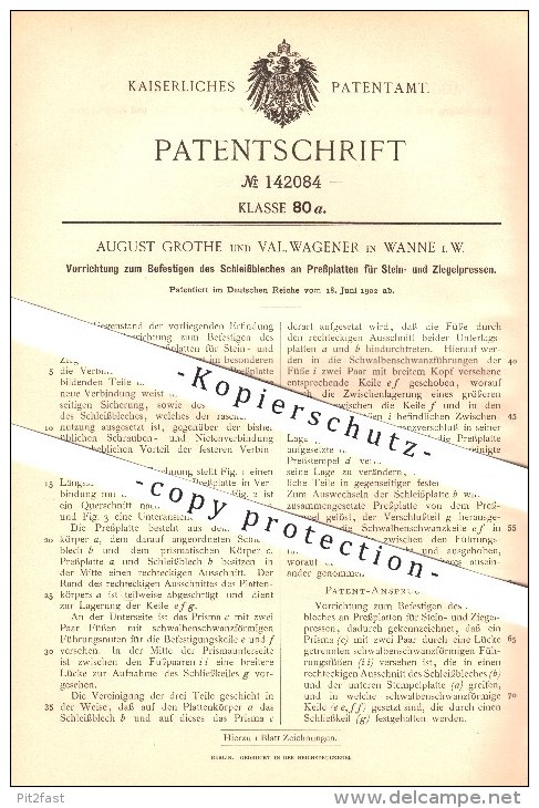 Original Patent - August Grothe & Val. Wagener In Wanne I. W. , 1902 , Vorrichtung Für Stein- Und Ziegelpressen , Herne - Herne