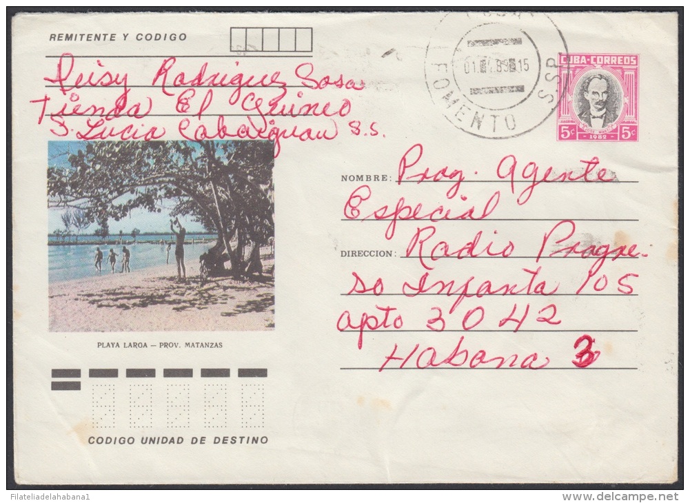 1982-EP-35 CUBA 1982. Ed.191l. ENTERO POSTAL. POSTAL STATIONERY. JOSE MARTI 5c. PLAYA LARGA. FOMENTO. SANCTI SPIRITUS. U - Oblitérés