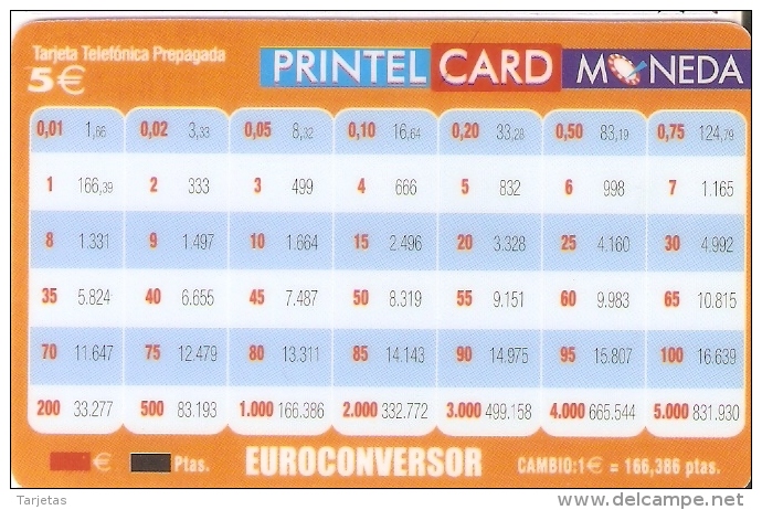 TARJETA DE ESPAÑA DE PRINTELCARD EUROCONVERSOR 5 EUROS (FEBRERO 2002) TIRADA 40000  (NUEVA-MINT) - Otros & Sin Clasificación