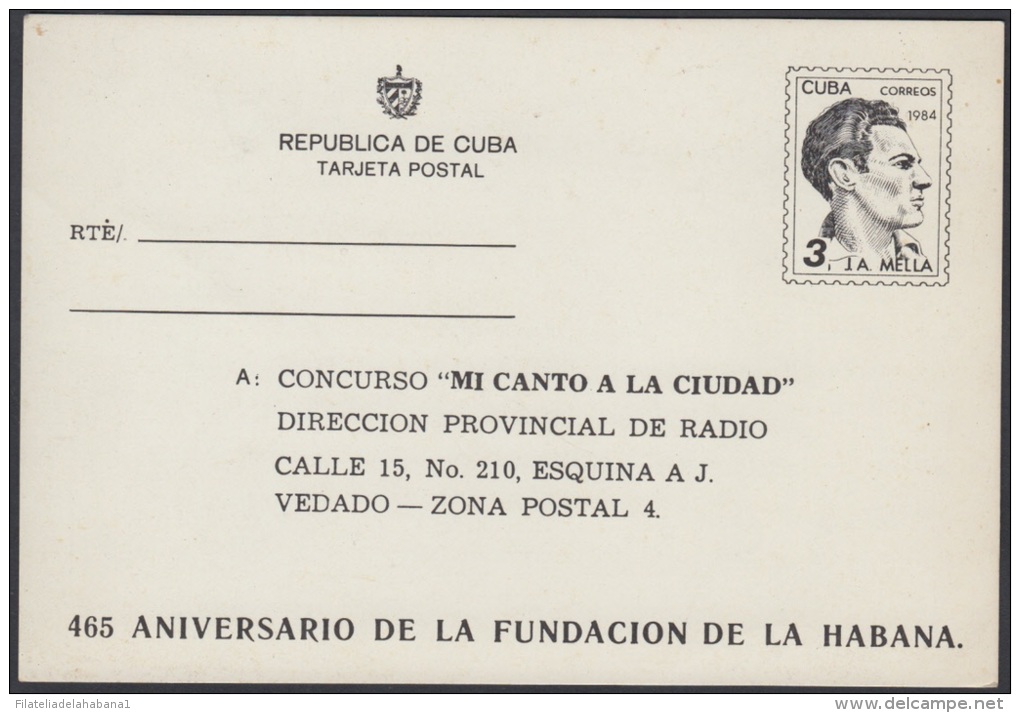 1984-EP-19 CUBA 1984. Ed.135. TARJETA ENTERO POSTAL. POSTAL STATIONERY. JULIO ANTONIO MELLA. CONCURSO MI CANTO CIUDAD. U - Usados