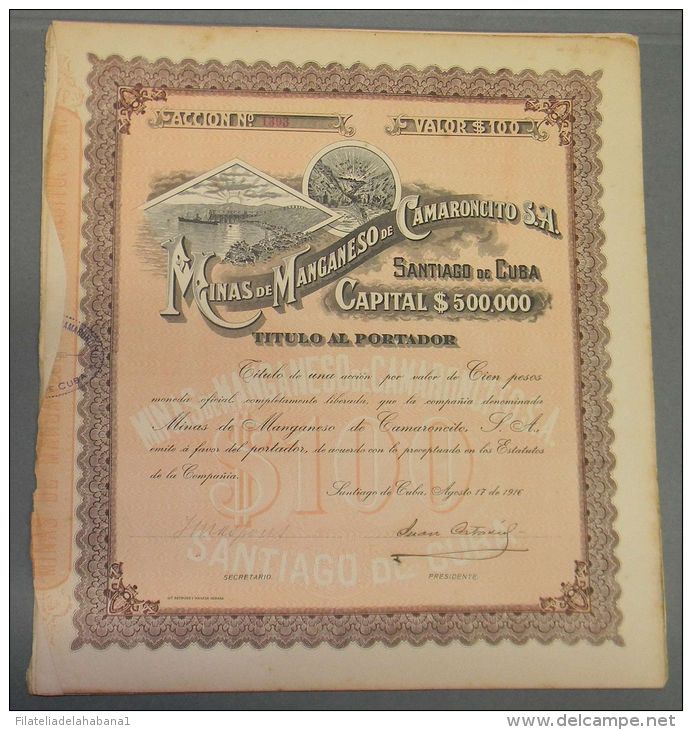 *SG60 CUBA BONO \"MINAS DE MANGANESO DE CAMARONCITO\" 1916 100$ MINING BON - Mines