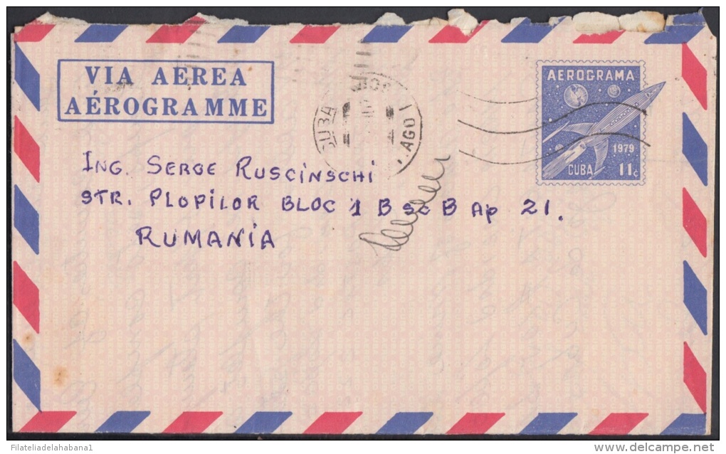 1979-EP-28 CUBA 1979. Ed.4. AEROGRAMME . POSTAL STATIONERY. COHETE. ROCKET. DE CUBA A RUMANIA. USED. - Usati