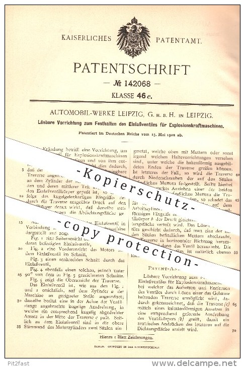 Original Patent - Automobil Werke Leipzig GmbH In Leipzig , 1902 , Vorrichtung Für Explosionskraftmaschinen , Motoren !! - Auto's