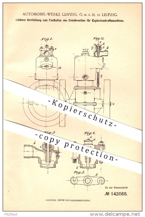 Original Patent - Automobil Werke Leipzig GmbH In Leipzig , 1902 , Vorrichtung Für Explosionskraftmaschinen , Motoren !! - Auto's