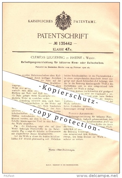 Original Patent - Clemens Leugering In Rheine I. Westf. , 1902 , Befestigungsvorrichtung Für Riem- Oder Seilscheiben !!! - Rheine