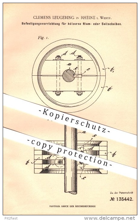 Original Patent - Clemens Leugering In Rheine I. Westf. , 1902 , Befestigungsvorrichtung Für Riem- Oder Seilscheiben !!! - Rheine