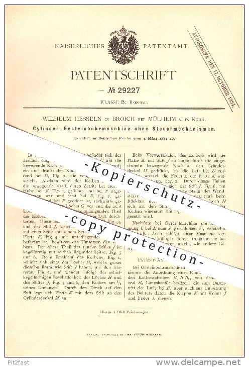 Original Patent - Wilhelm Hesseln In Broich Bei Mülheim A. D. Ruhr , 1884 , Zylinder Gesteinbohrmaschine , Bergbau !!! - Muelheim A. D. Ruhr