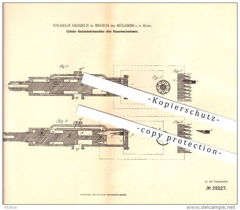 Original Patent - Wilhelm Hesseln In Broich Bei Mülheim A. D. Ruhr , 1884 , Zylinder Gesteinbohrmaschine , Bergbau !!! - Muelheim A. D. Ruhr