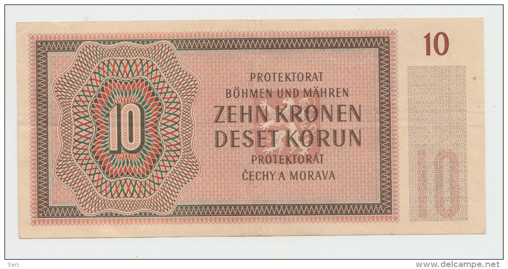 Bohemia &amp; Moravia 10 Korun 1942 VF++ CRISP Banknote WWII Pick 8 - 2. WK