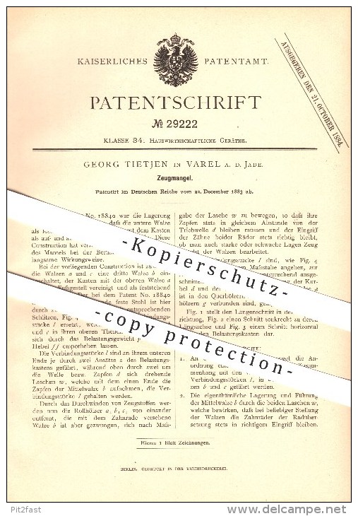 Original Patent - Georg Tietjen In Varel A. D. Jade , 1883 , Zeugmangel , Wäscherei , Haushalt !!! - Varel