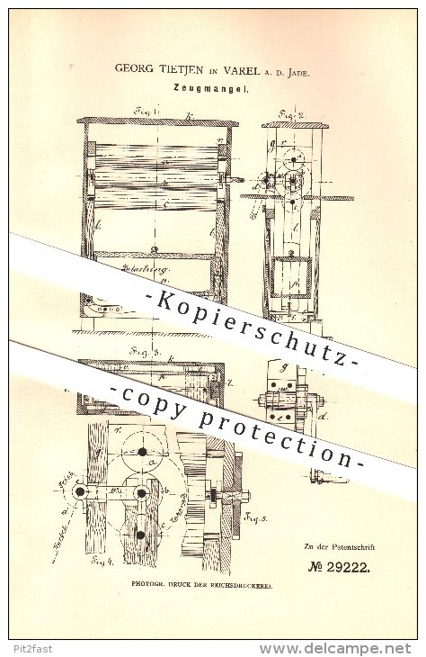 Original Patent - Georg Tietjen In Varel A. D. Jade , 1883 , Zeugmangel , Wäscherei , Haushalt !!! - Varel