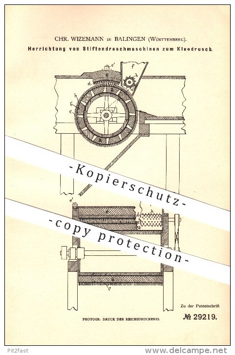 Original Patent - Chr. Wizemann In Balingen , 1884 , Herrichtung Von Stiftdreschmaschinen Zum Kleedrusch !!! - Balingen