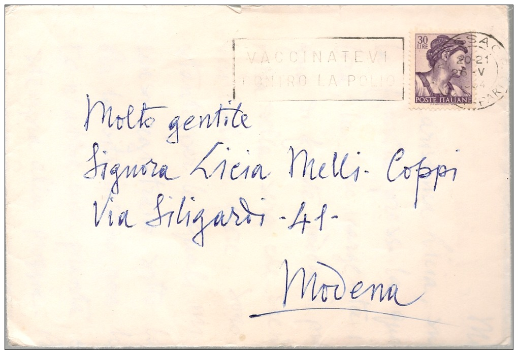 Michelangiolesca Lire 30 Su Busta Con Annullo Massa 26.06.1964 + Targhetta Vaccinatevi Contro La Polio - 1961-70: Marcophilia