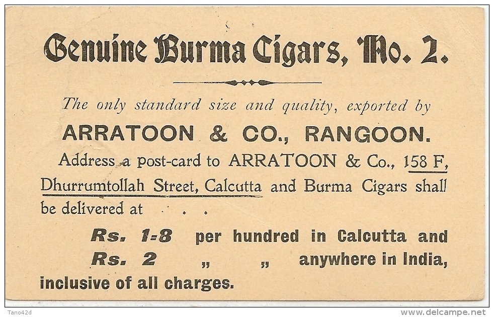 LBL22 - BIRMANIE EP CP REPIQUAGE TABAC RANGOON / KOTGARH 20/12/1902 - Burma (...-1947)