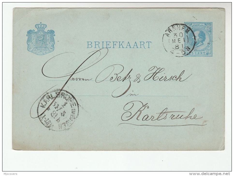 1881 NETHERLANDS Postal STATIONERY CARD Arioni Co ARNHEM 45N To KARLSRUHE  Germany Cover Stamps - Postal Stationery