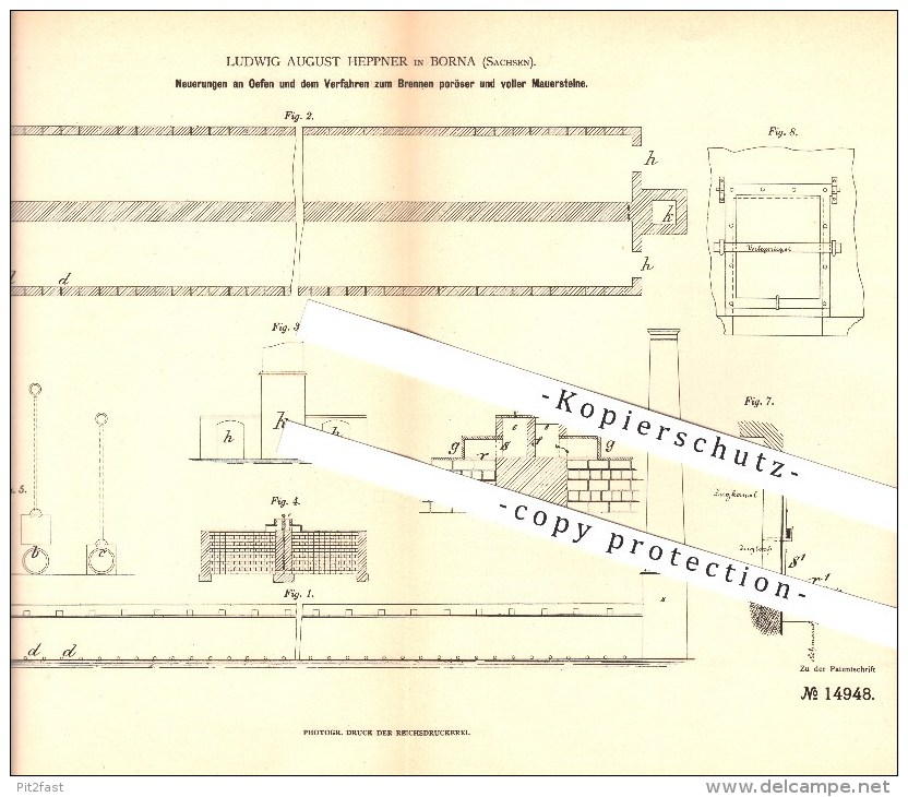 Original Patent - Ludwig August Heppner In Borna , 1880 , Neuerungen An Öfen Und Dem Brennen Von Mauersteinen !!! - Borna