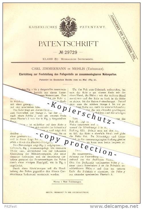Original Patent - Carl Zimmermann In Mehlis , 1884 , Einrichtung Zur Feststellung Des Fußgestells An Notenpulten , Zella - Zella-Mehlis