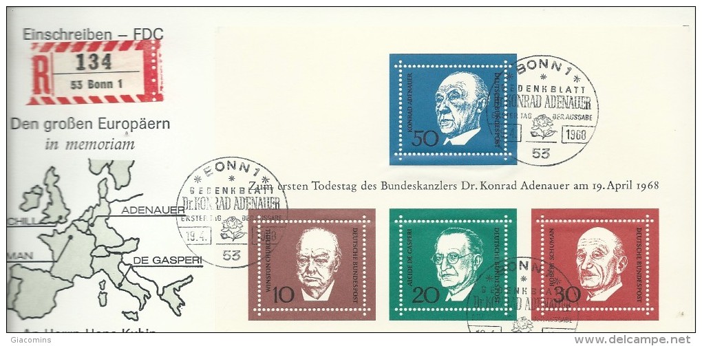 GERMANIA FEDERALE - DR. KONRAD ADENAUER - FOGLIETTO  FDC- 19-04-1968 - Altri & Non Classificati