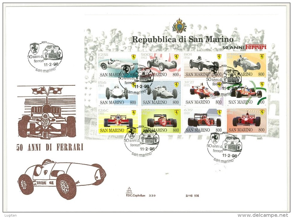 SAN MARINO - BUSTONE  FDC CAPITOLIUM - 50 ANNI DI FERRARI 1998 - Automobilismo