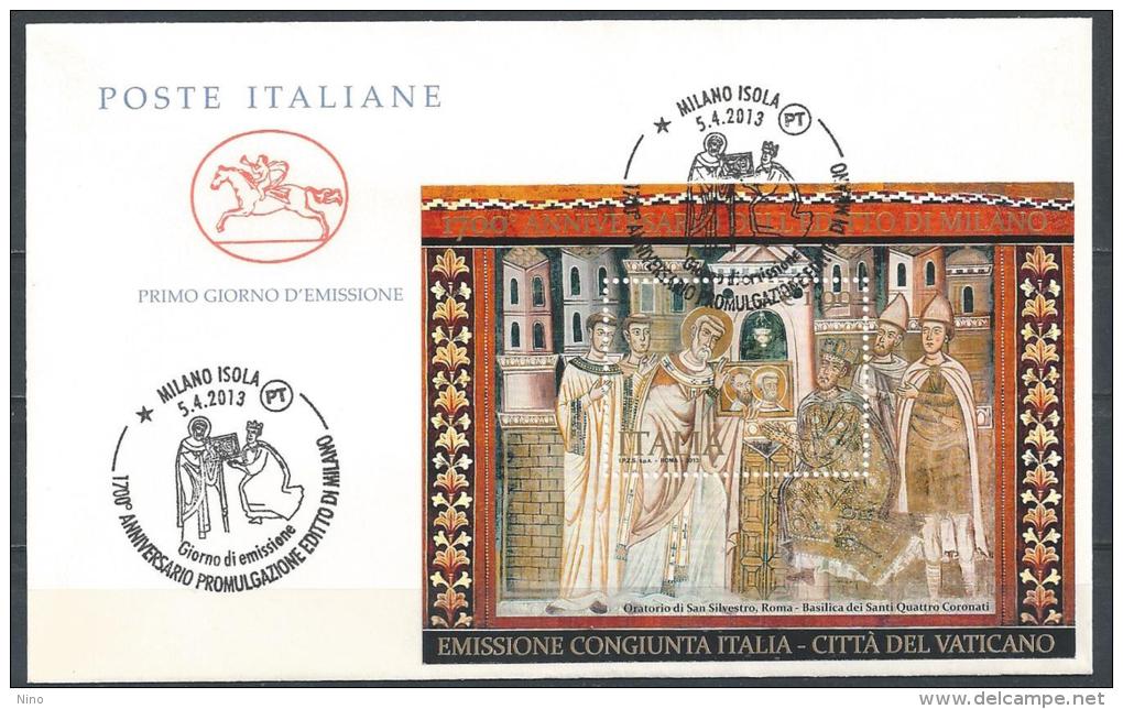 Italy. Scott # 3178 FDC S/sheet. 1700th. Anniv. Of Edict Of Milan. Joint Issue With Vatican  2013 - Emissioni Congiunte