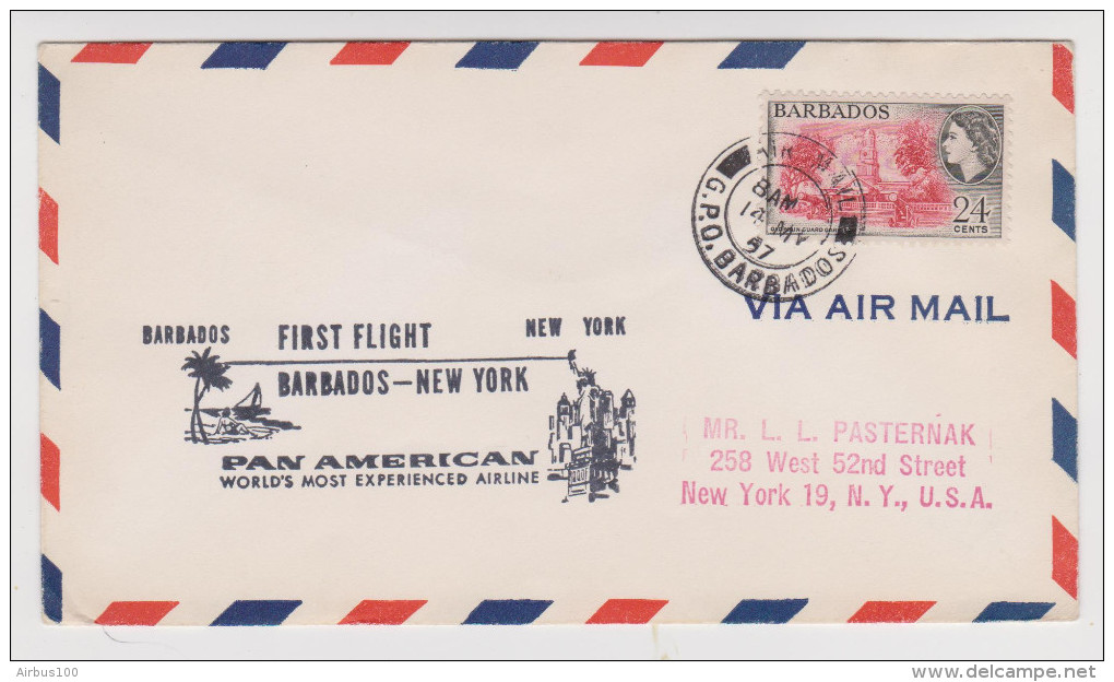 BARBADES FIRST FLIGHT BARBADOS NEW YORK PAN AMERICAN 14-5-1957 POUR PASTERNAK - 2 Scans - - Barbades (...-1966)