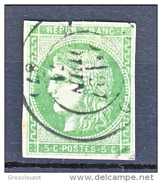 Francia, Em. Bordeaux 1870, Y&T  N. 42B C. 5 Verde Giallo Annullo A Data , Piccolo Difetto In Alto - 1870 Emission De Bordeaux