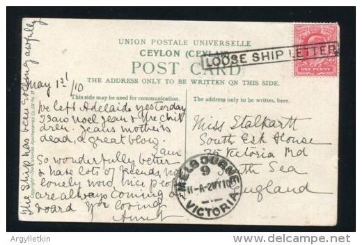 AUSTRALIA MELBOURNE CEYLON MOUNT LAVINIA MARITIME LOOSE SHIP LETTER 1910 - Covers & Documents