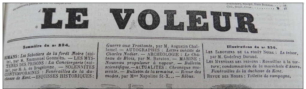 VOLEUR ILLUSTRE1861 N°234:FUNERAILLES DUCHESSE DE KENT/ NODIER LETTRE /CONCIERGERIE TORTURE RAVAILLAC/MARECHALE D'ACRE - 1850 - 1899