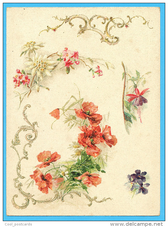 KLEIN?? VICTORIAN SCRAP,  ALBUM CARD, DECOUPIS, CHROMOS, FLOWERS, POPPIES, EDELWEISS, GOLDPRINT, 16.5 X 22.5 Cm - Flowers