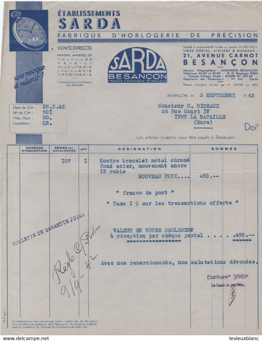 Facture/Horlogerie De Précision/ Etablissements SARDA/BESANCON/Doubs/1942      FACT69 - Autres & Non Classés