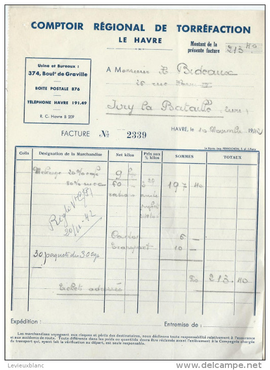 Facture/Café/Comptoir Régional De Torréfaction/Le HAVRE/1942      FACT71 - Alimentaire