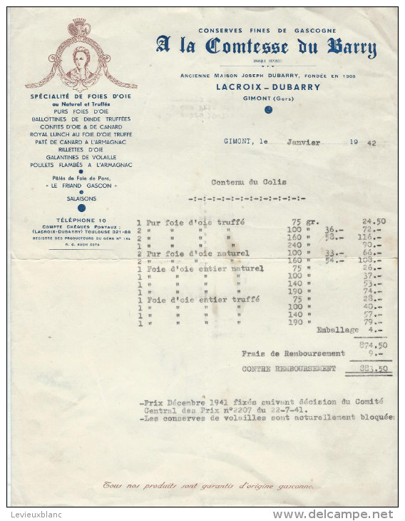 Facture/Conserves Fines/ A La Comtesse Du BARRY/ Gimont/GERS/1942      FACT73 - Alimentaire