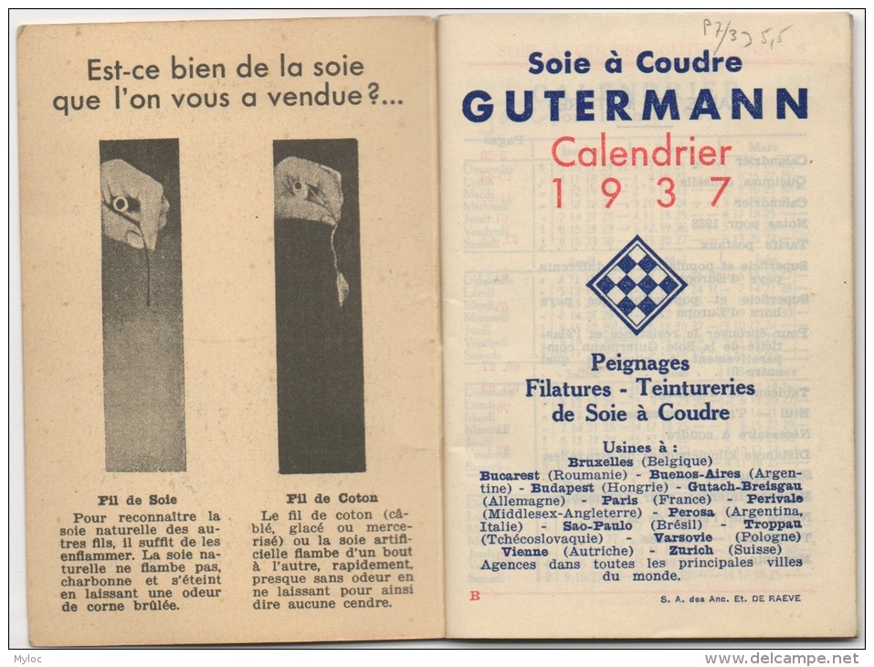 Calendrier-Publicité. Soie à Coudre Gutermann. 1937. - Autres & Non Classés