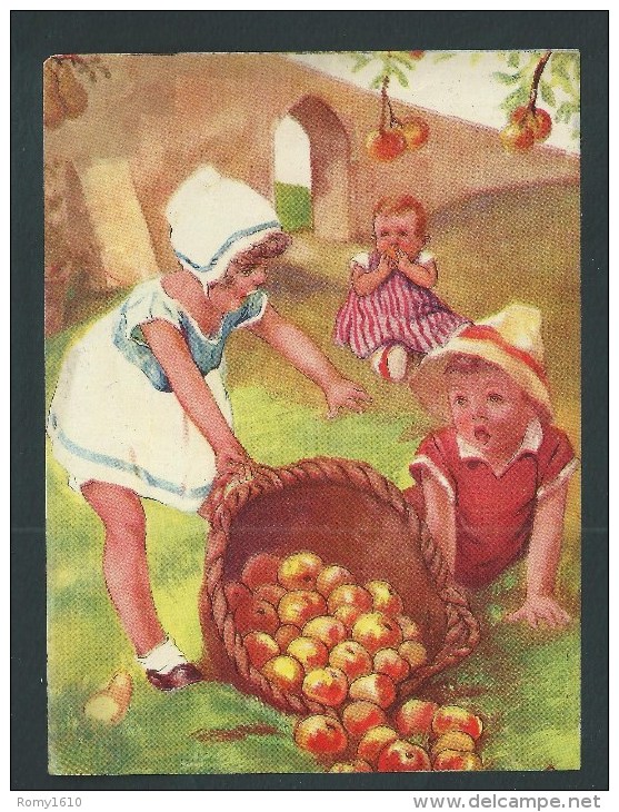 Grand Chromo Ancien - 15,5 X 11,5.- Cueillette De Pommes,  Enfants. Belle Illustration.  Image Glacée. - Collections