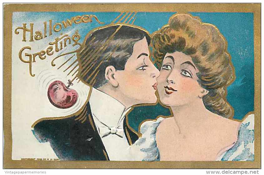 236589-Halloween, The Rose Company No RSE01-1, Man Kissing Woman On Cheek While Apple On String Swings Nearby - Halloween