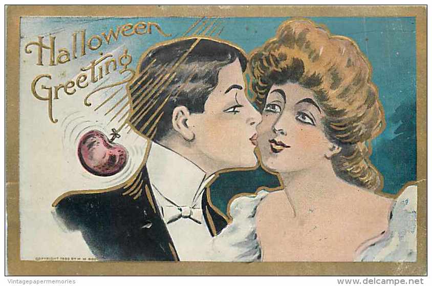 236591-Halloween, The Rose Company No RSE01-1, Man Kissing Woman On Cheek While Apple On String Swings Nearby - Halloween
