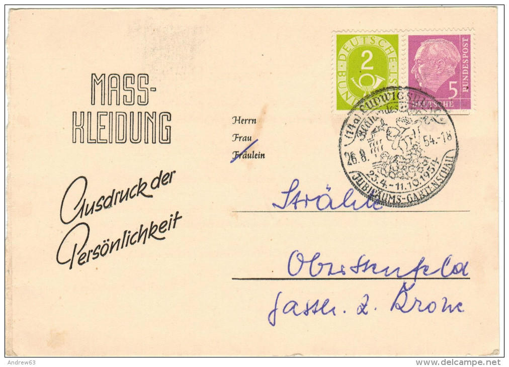 GERMANIA - GERMANY - Deutschland - ALLEMAGNE - 1954 - 2 + 5 - Mass-Kleidung - Special Cancel - Jubilaums Gartenschau ... - Briefe U. Dokumente