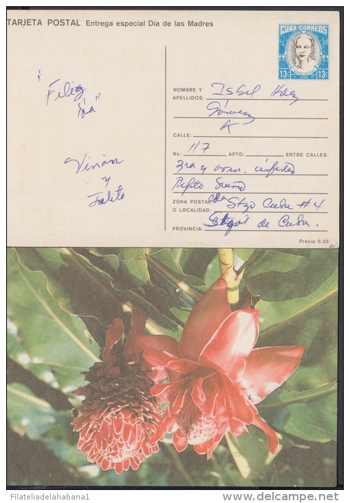 1990-EP-9 CUBA 1990. Ed.148b. MOTHER DAY SPECIAL DELIVERY. POSTAL STATIONERY. CARTULINA MATE. FLOWERS. FLORES. USED. - Lettres & Documents