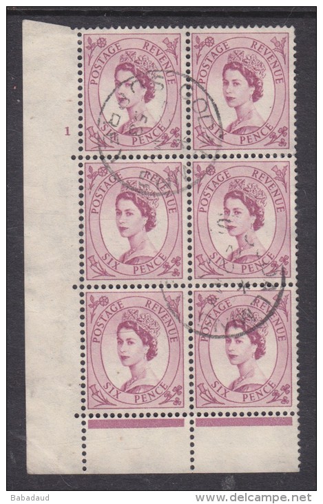 Great Britain: Elizabeth II ,1958, 6d Deep Claret, SW Corner Block Of 6, C.d.s.used - Used Stamps