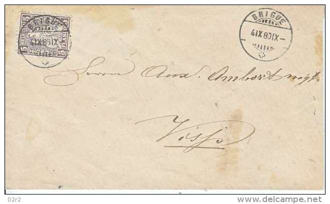 LETTRE POUR VISP- CACHET DE BRIGUE 4.09.1880 SUR HELVETIE ASSISE 5CT BRUN - Covers & Documents