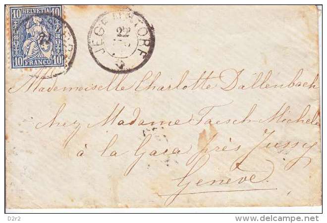 PETITE LETTRE - CACHET DE JEGENSTORF- 1866- HELVETIE ASSISE 10 CT BLEU - Storia Postale