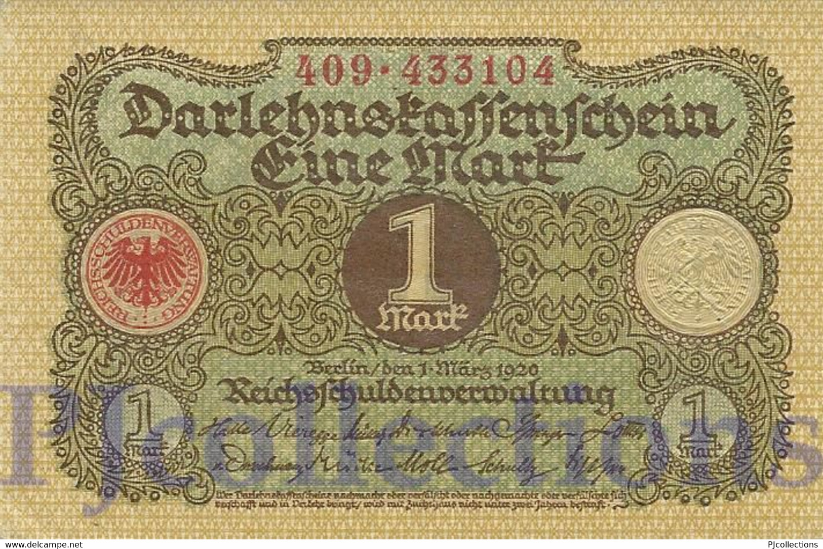 GERMANY 1 MARK 1920 PICK 58 UNC - Reichsschuldenverwaltung
