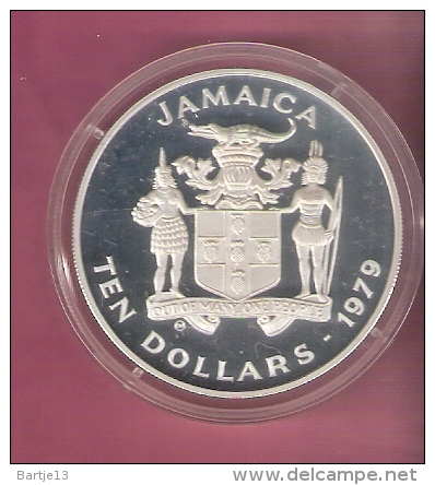 JAMAICA 10 DOLLARS 1979 SILVER PROOF YEAR OF THE CHILD MINT.20000 PCS KM80 SCRATCHES ONLY ON CAPSEL - Israel
